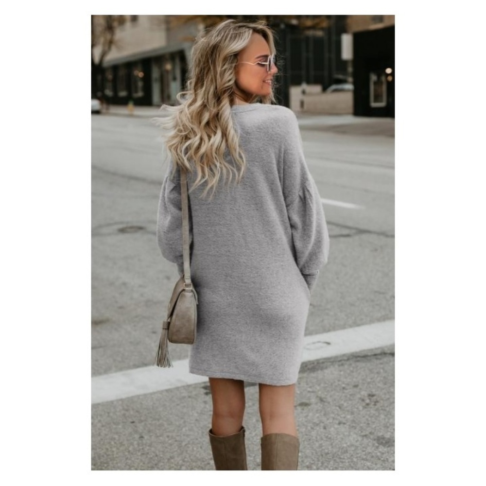 Long Lantern Sleeve Knitted Sweater Dress - Picture 2 of 4